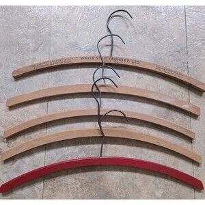 Vintage Set of 5 Curved Wooden Clothes Hangers Mid Century Hilo HI Laundry